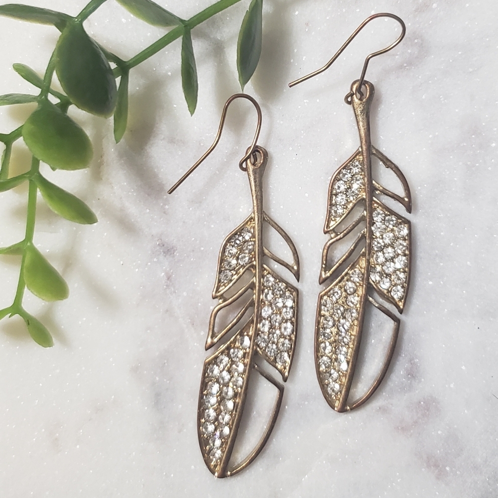 Clear Rhinestone and Gold Feather Earrings